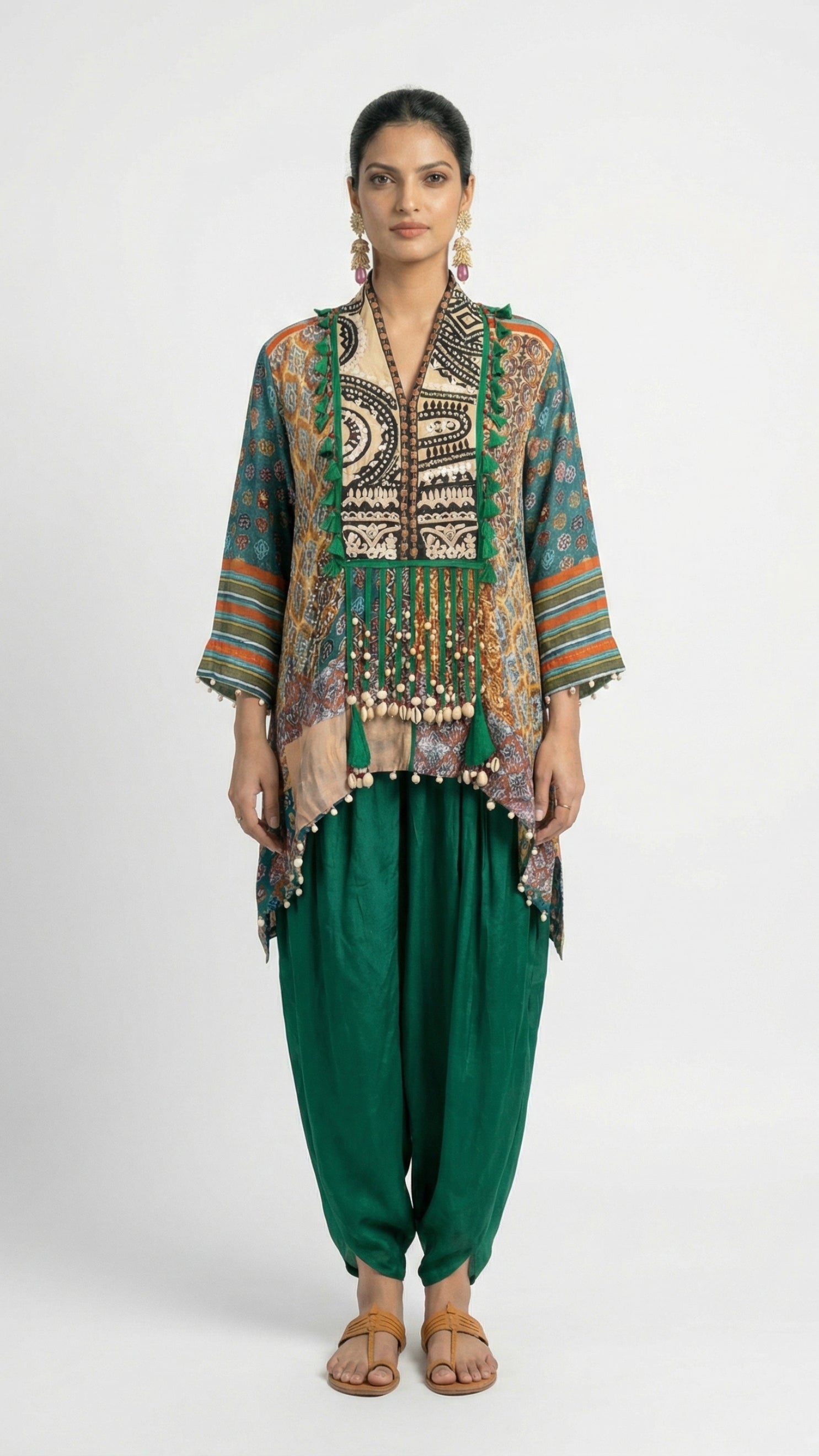 Emerald Green Crepe Coord Set with Dori & Moti Sippi Detailing