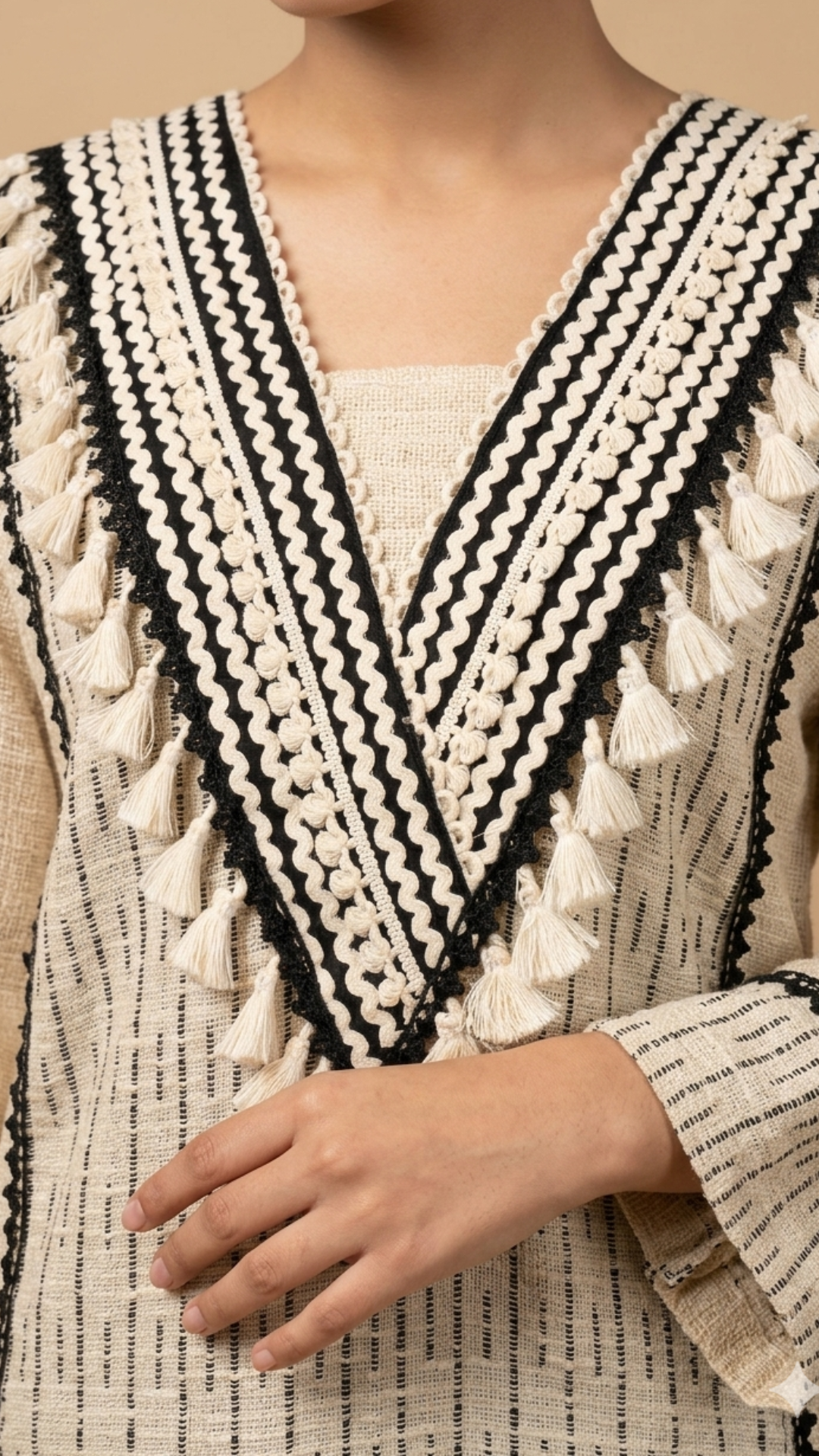 Beige and Cream Jute Embroidered Coord Set