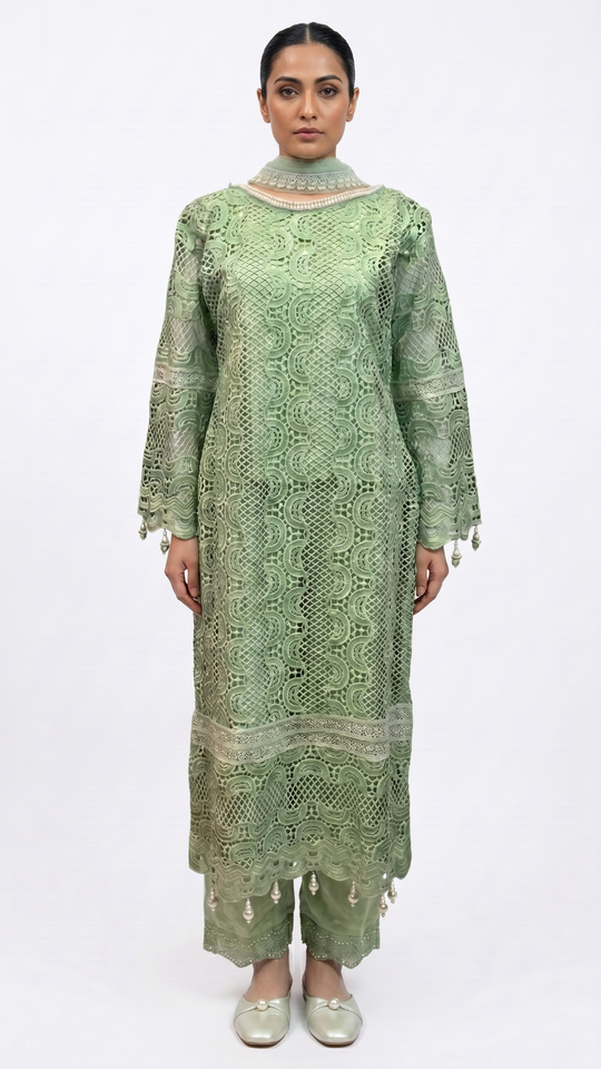 Green Muslin Cutwork lace and  Pearl Sequins