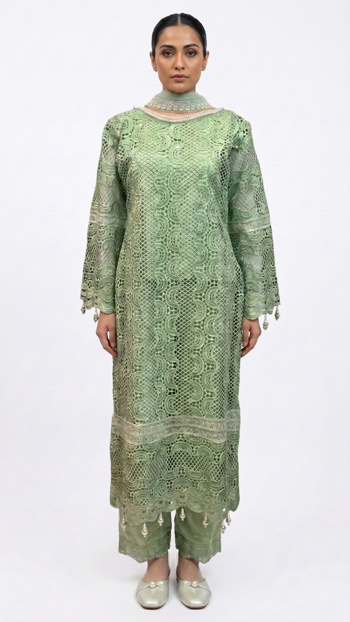 Green Muslin Cutwork lace and  Pearl Sequins