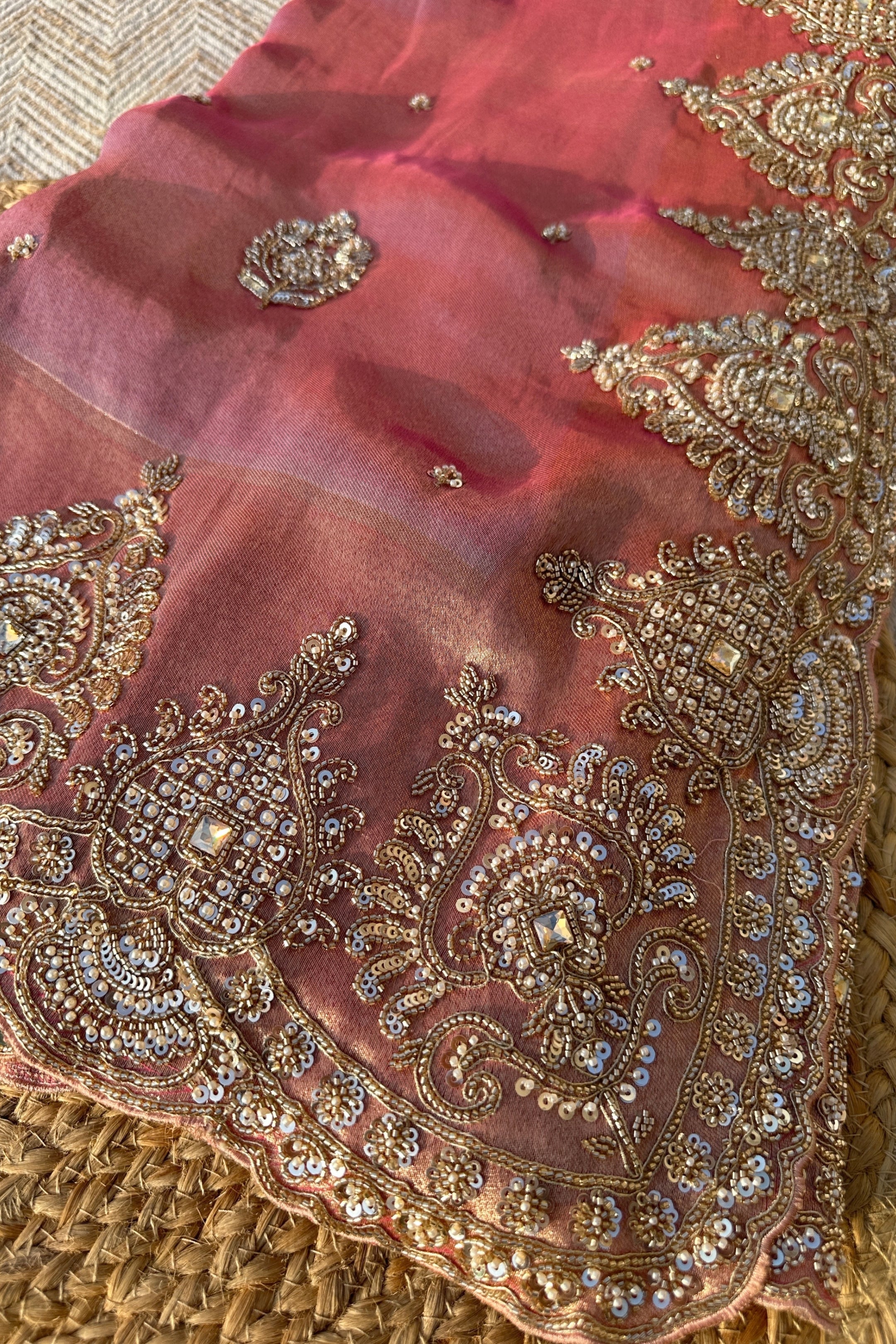 Mauve Tissue Unstitched Saree Embellished With Moti, Sequins & Cutdana