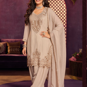 Chiku Tissue Suit, Farshi Salwar And Dupatta with Cutdana, Sequins and Zari Work