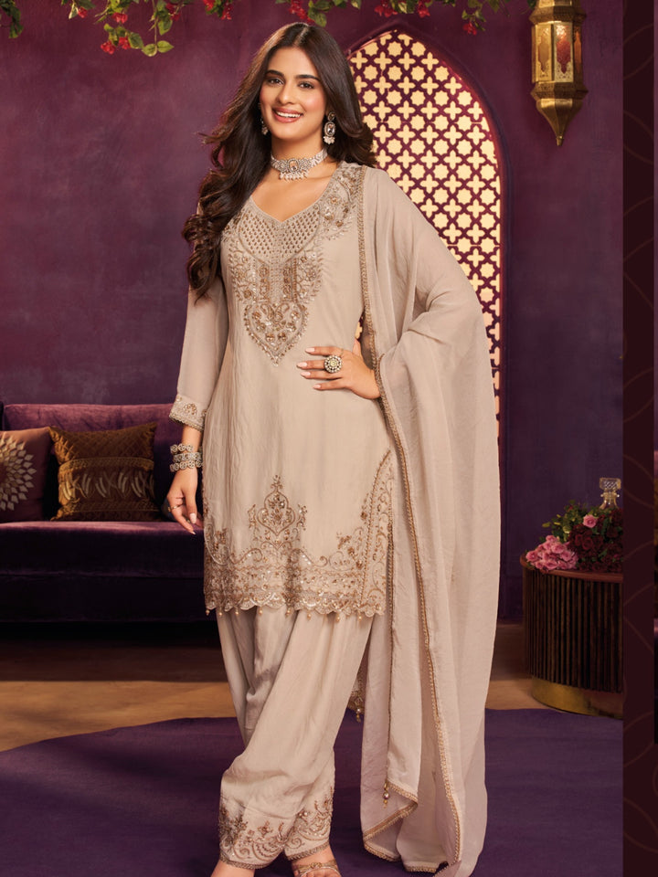 Chiku Tissue Suit, Farshi Salwar And Dupatta with Cutdana, Sequins and Zari Work