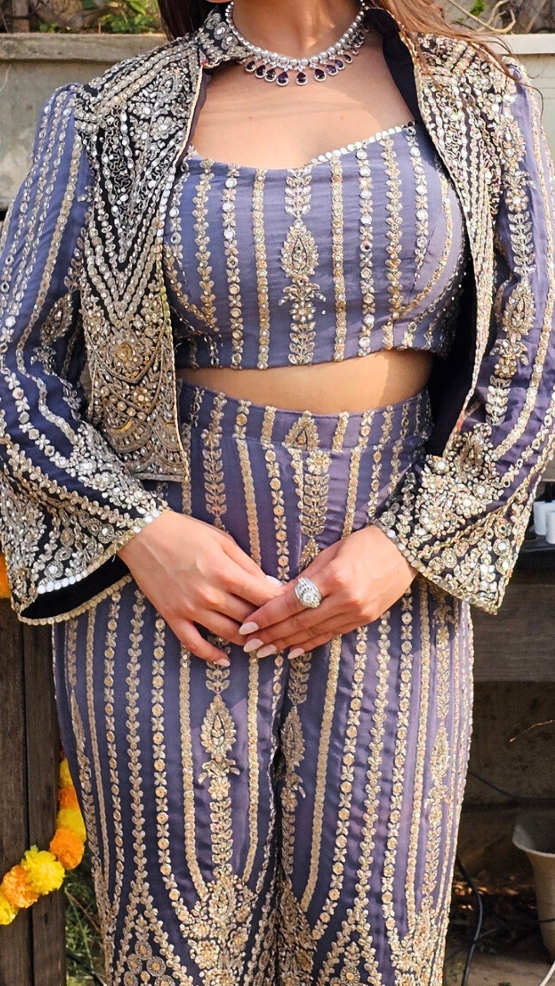 Navy Blue Georgette Indo-Western with Zari, Stone & Mirror Work