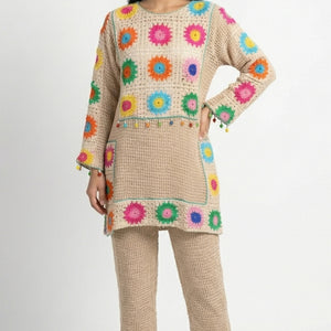 Beige Jute Coord Set with Crosia Detailing