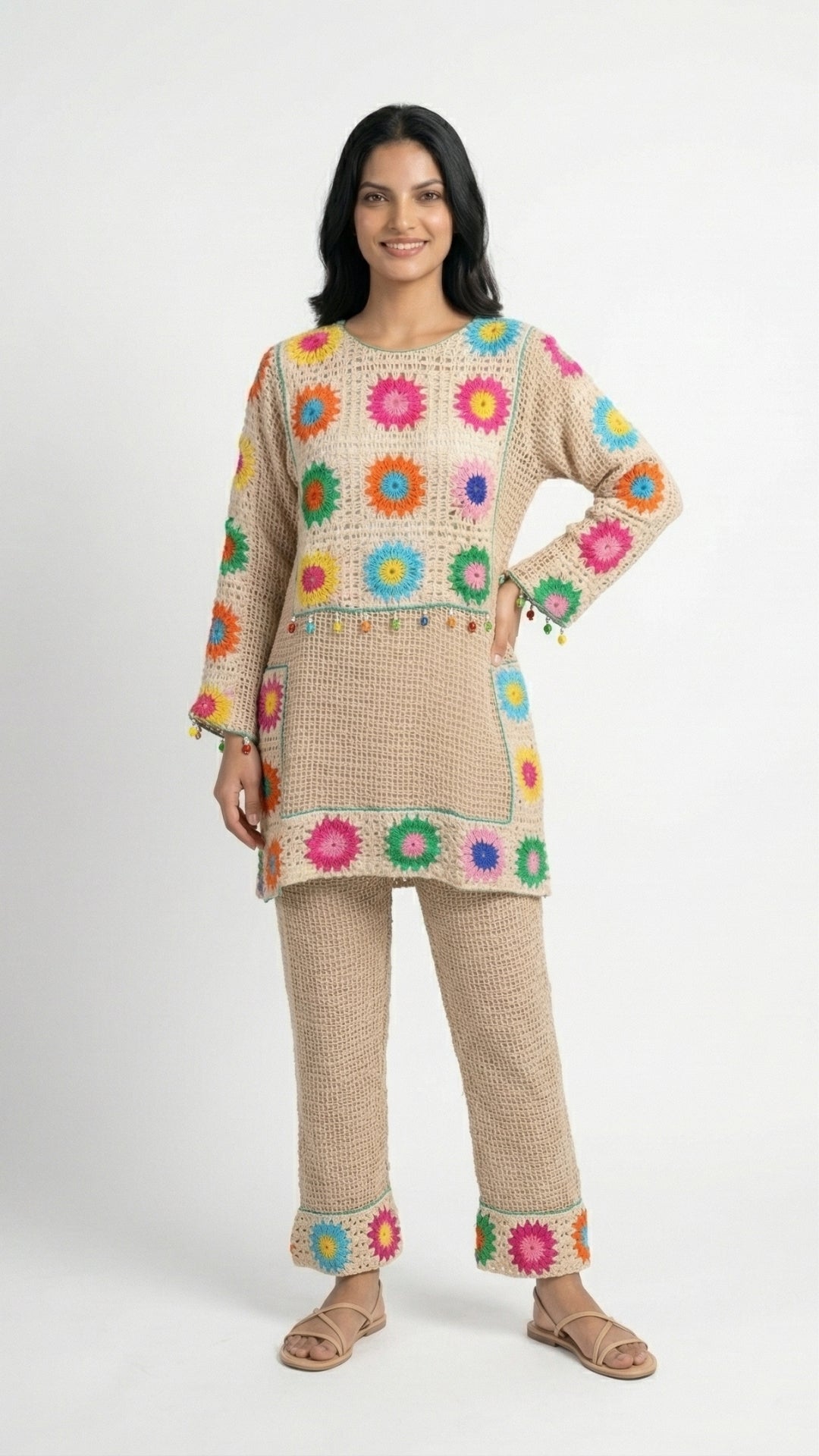 Beige Jute Coord Set with Crosia Detailing