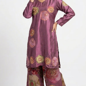 Wine Satin Crepe Suit with Zari, Sequins, Stone, Hand Print & Cutdana Detailing