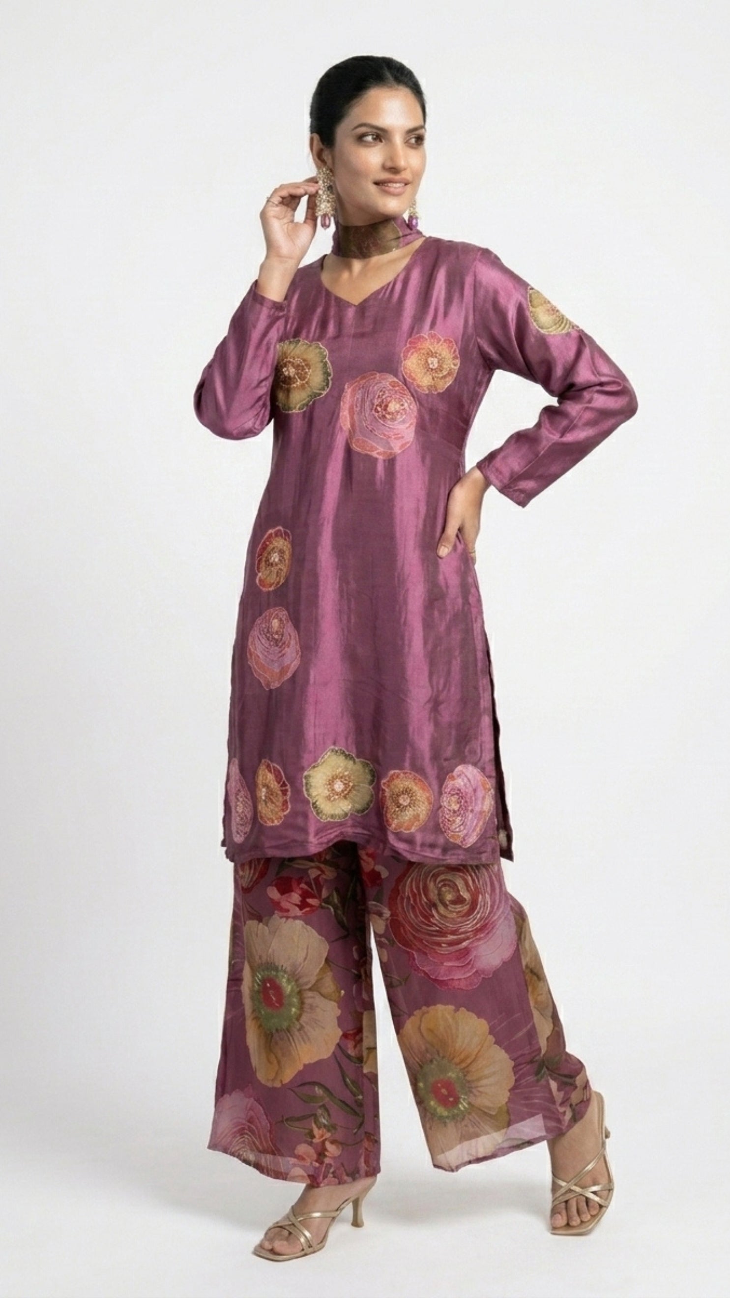 Wine Satin Crepe Suit with Zari, Sequins, Stone, Hand Print & Cutdana Detailing
