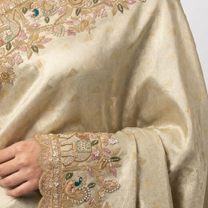 Muted Olive Gold Tissue Silk Saree Embellished with Zari, Cutdana & Zarkan Work
