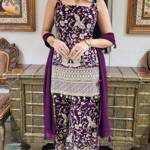 Purple Georgette Indowestern Top and Bottom with Resham,Cutdana, Pearl and Sequins Work and Dupatta