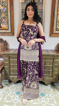 Purple Georgette Indowestern Top and Bottom with Resham,Cutdana, Pearl and Sequins Work and Dupatta