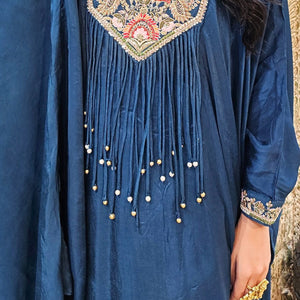 Blue Silk Indowestern Kaaftan and Bottom with Resham Thread and Dabka Work