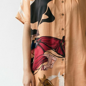 Beige Satin Crepe Coord Set with Digital Print Detailing
