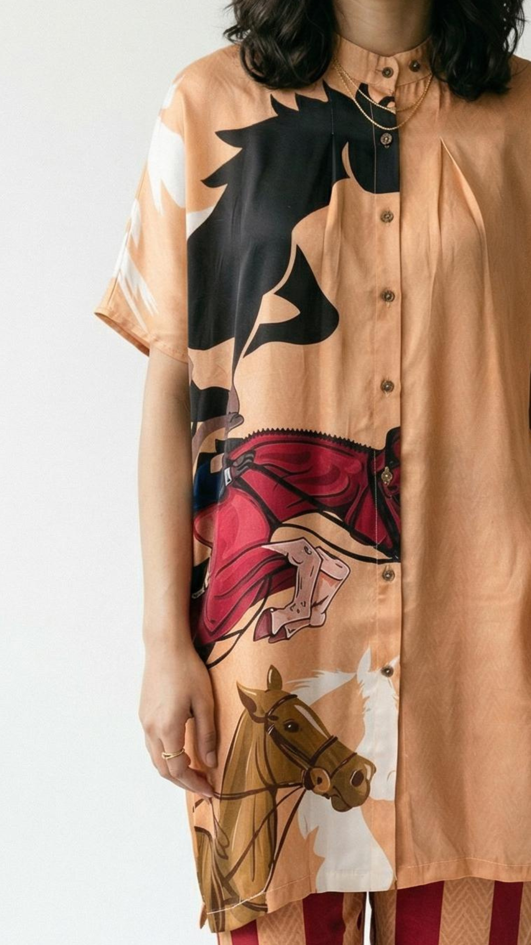 Beige Satin Crepe Coord Set with Digital Print Detailing
