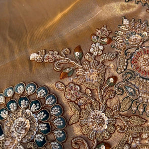 Golden Tissue Unstitched Saree Embellished With Sequins, Dori, Dabka & Cutdana Work