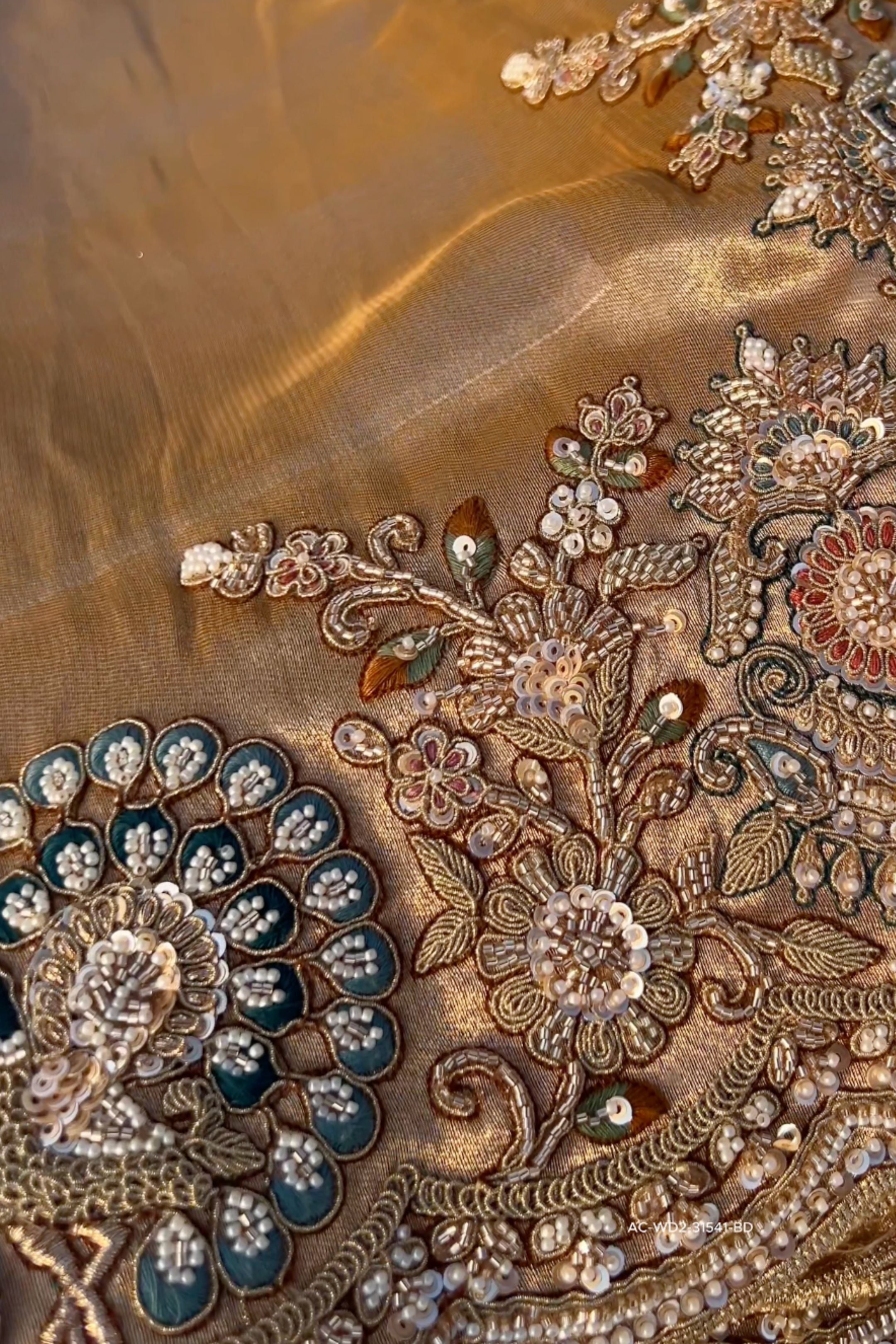 Golden Tissue Unstitched Saree Embellished With Sequins, Dori, Dabka & Cutdana Work