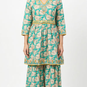 Green Cotton Peplum , Thread Work With Mirror Work & Zari Sequins