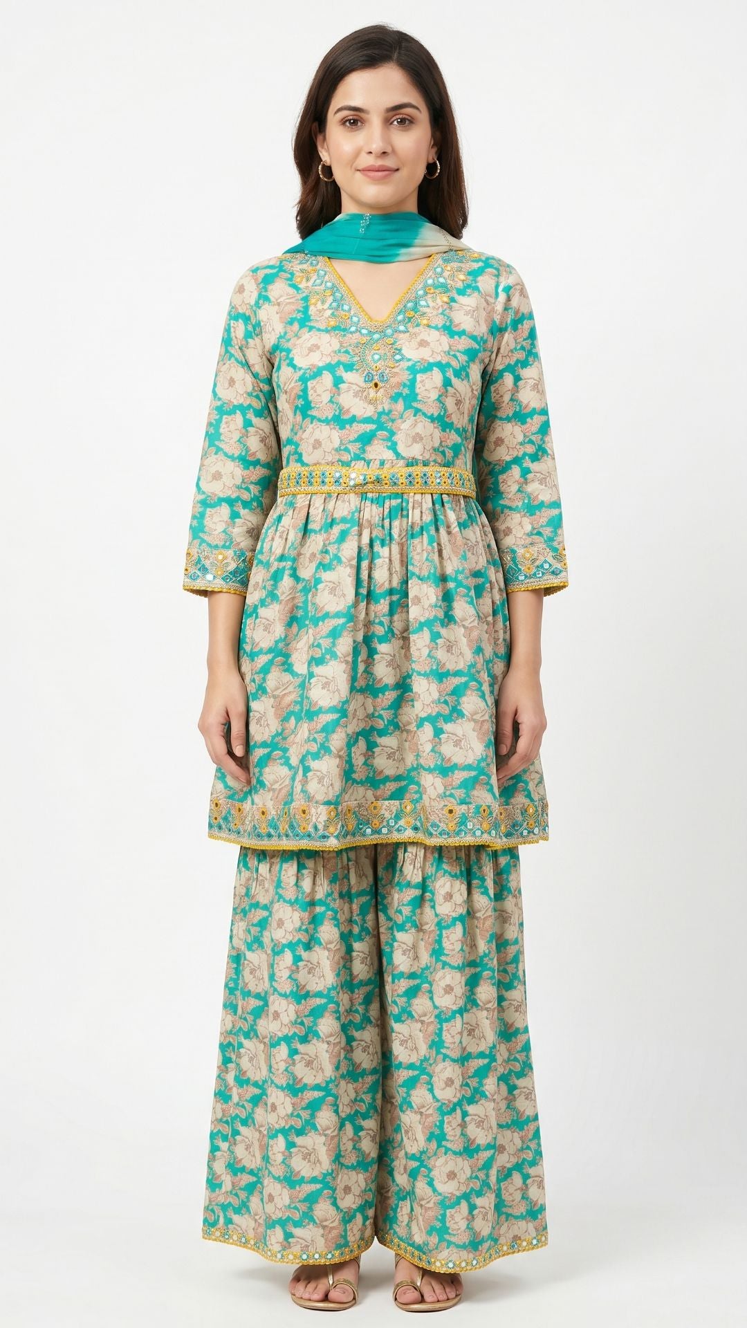 Green Cotton Peplum , Thread Work With Mirror Work & Zari Sequins