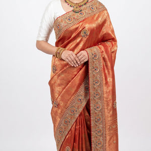 Orange Banarasi Silk Unstitched Saree with Dupatta Embellished with Moti & Zari Work