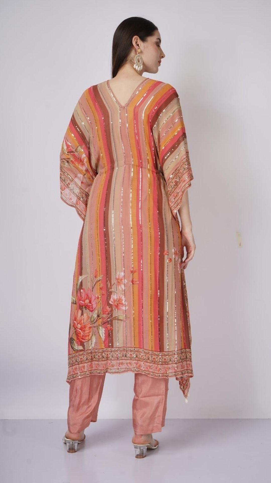 Multicolor Peach Georgette Kaaftan with Mirror and Sequins Work