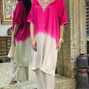 Ombre Pink Satin Crepe Indowestern Kaaftan and Bottom with Gota and Pearl Work