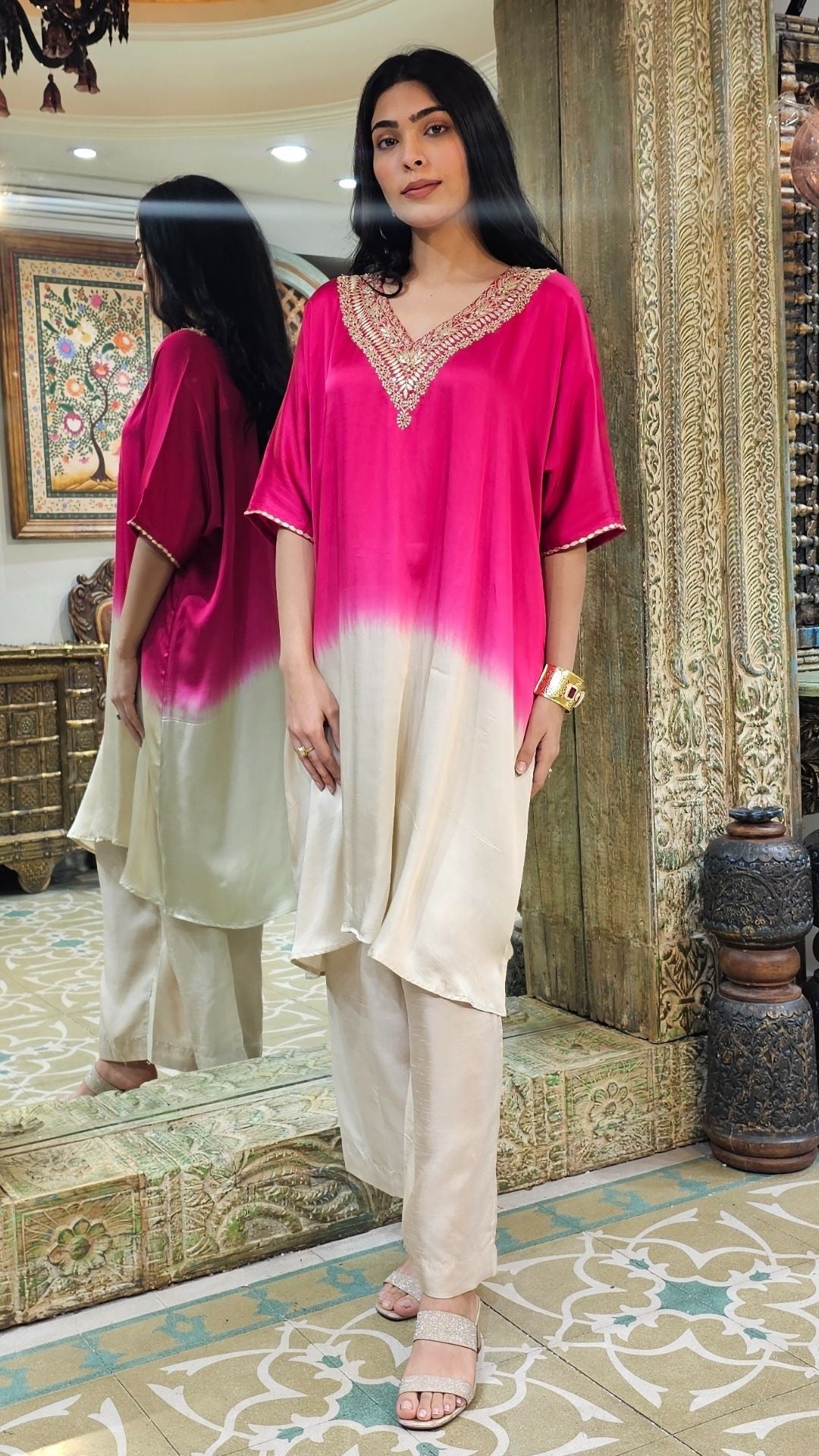 Ombre Pink Satin Crepe Indowestern Kaaftan and Bottom with Gota and Pearl Work