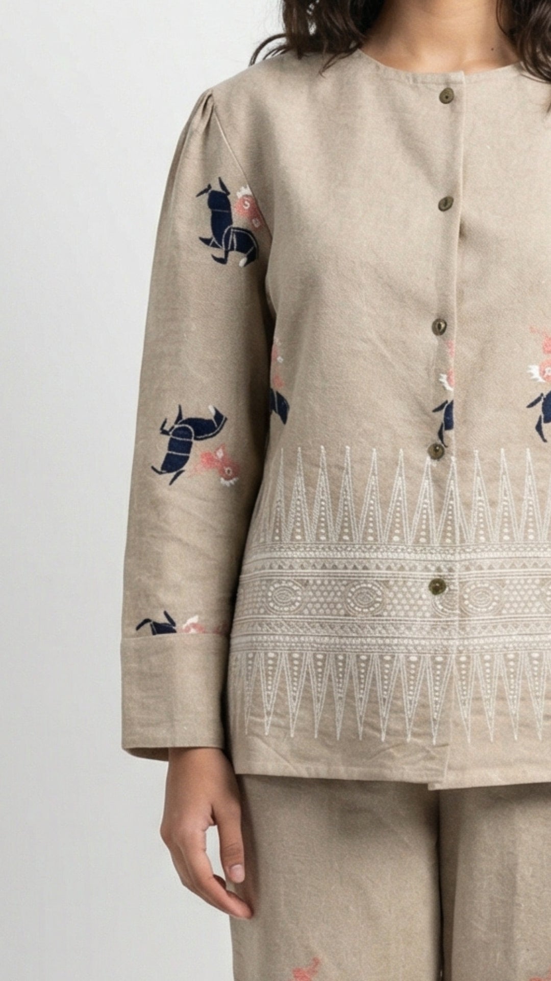 Beige Jute Coord Set with Thread Work Detailing