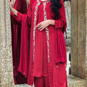 Maroon Chinon Indowestern Top,Bottom,Cape and Dupatta with Pearl,Sequins and Dabka Work