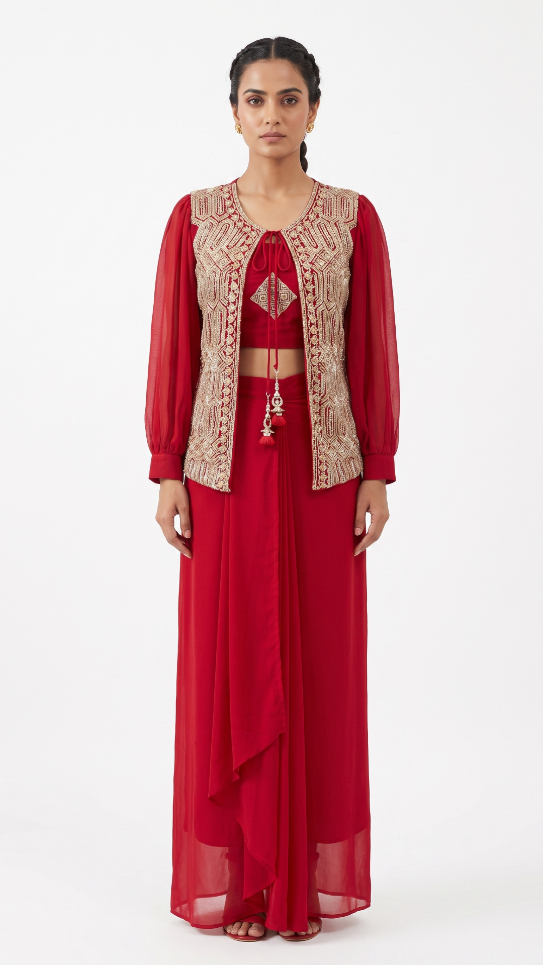 Red georgette Fabric Cutdana & jarkan work Sequins