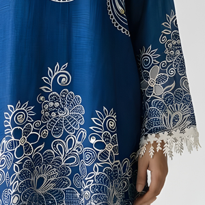 Blue Handloom Cotton Coord Set with Moti, Sequin & Lace Detailing