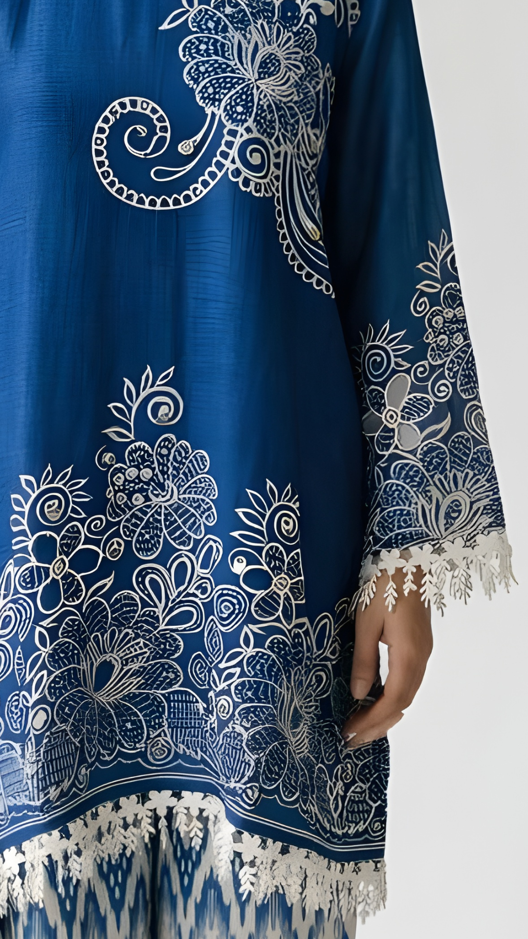 Blue Handloom Cotton Coord Set with Moti, Sequin & Lace Detailing