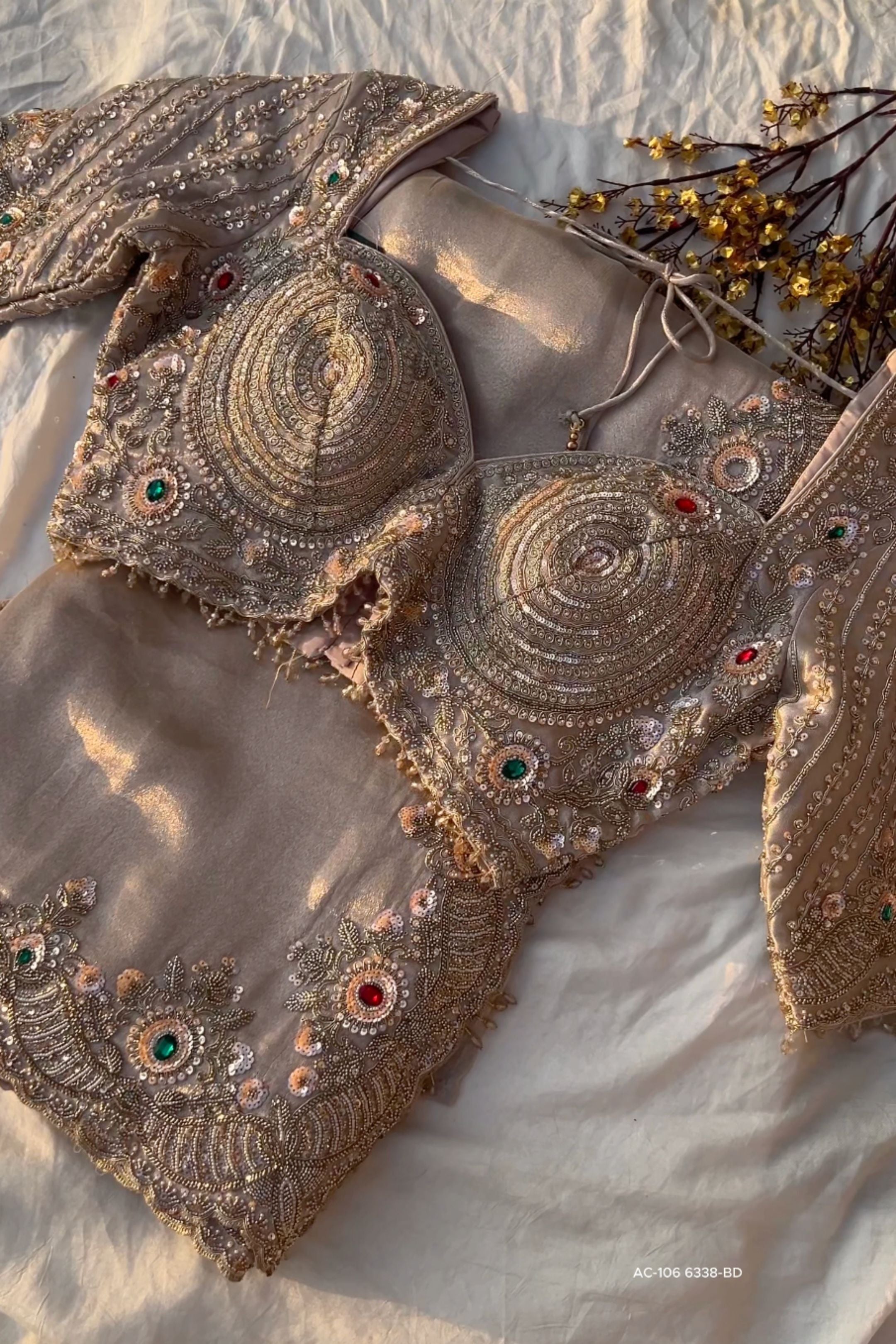 Golden Tissue Saree Embellished With Sequins, Dori, Stone & Cutdana Work