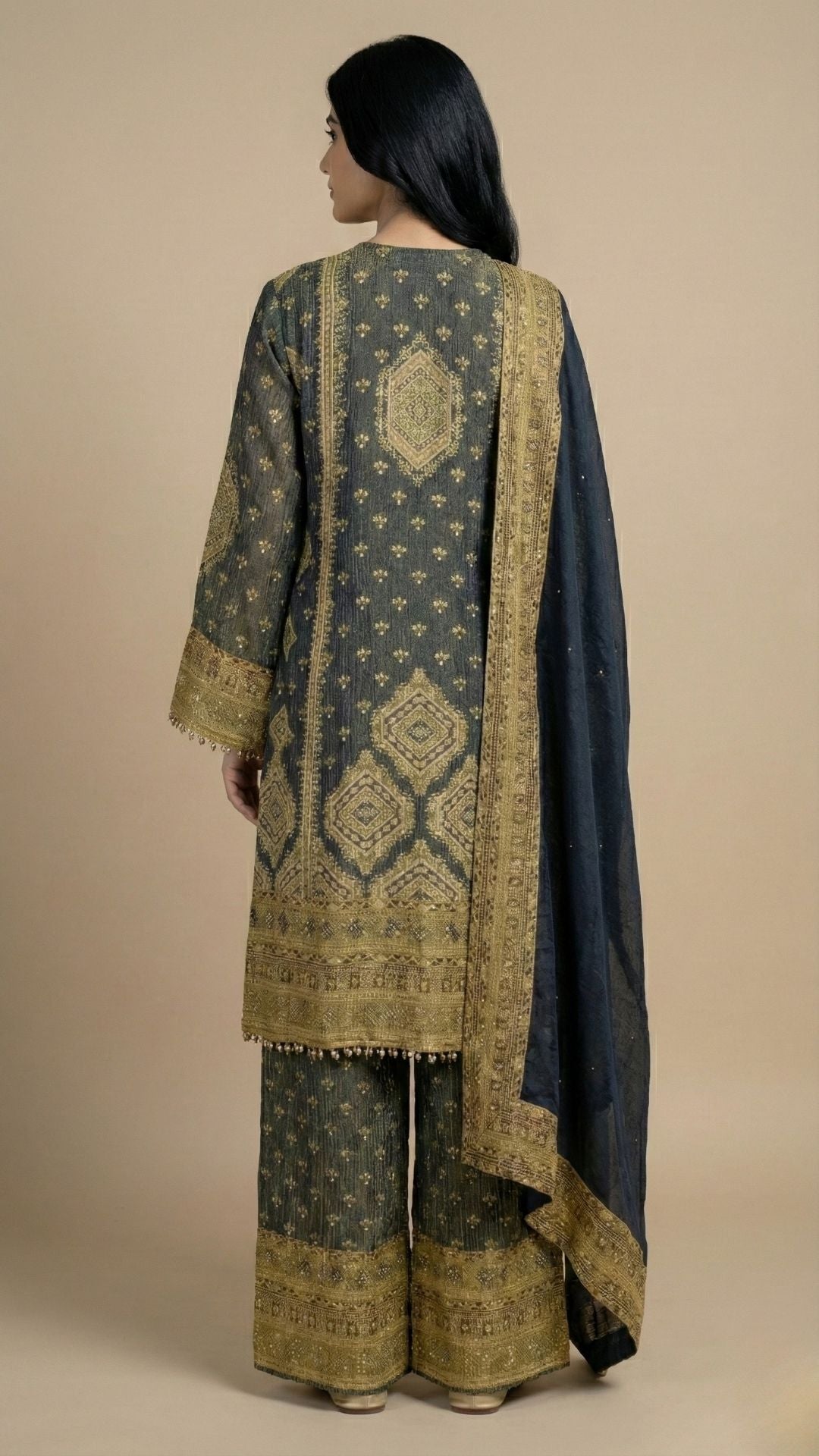 Stylish Blue Wrinkle Tissue Digital Printed Suit with Mirror Detailing and Palazzo