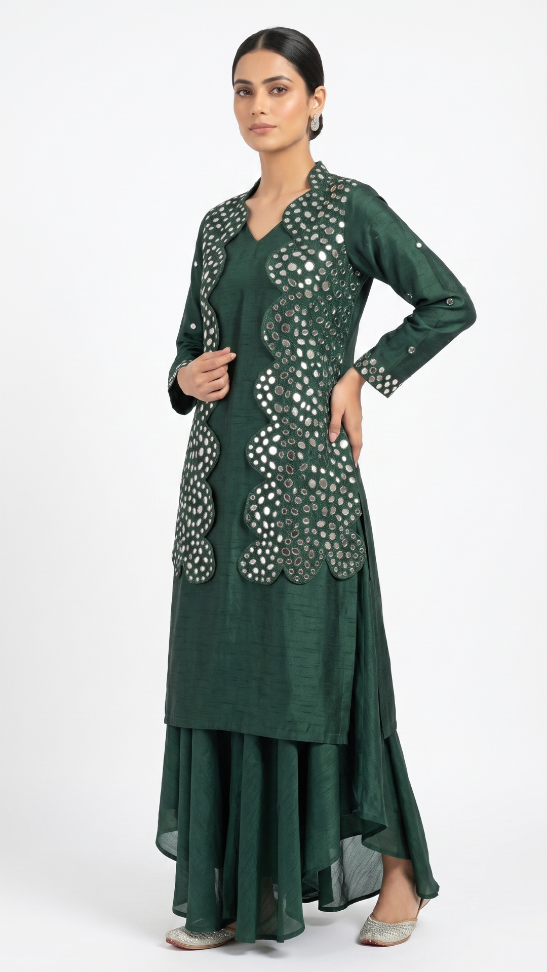 Green Raw Silk Mirror Thread Work Sequins