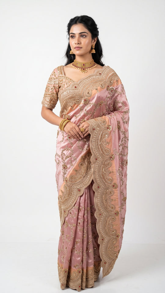 Baby Pink Tissue Saree with Zari, Cutdana & Sequins Work