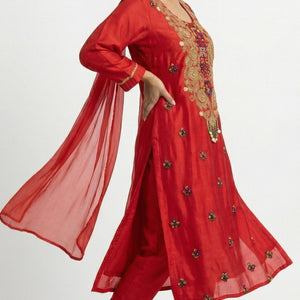 Red Dola Silk Suit Set with Zari, Pearl & Thread Detailing