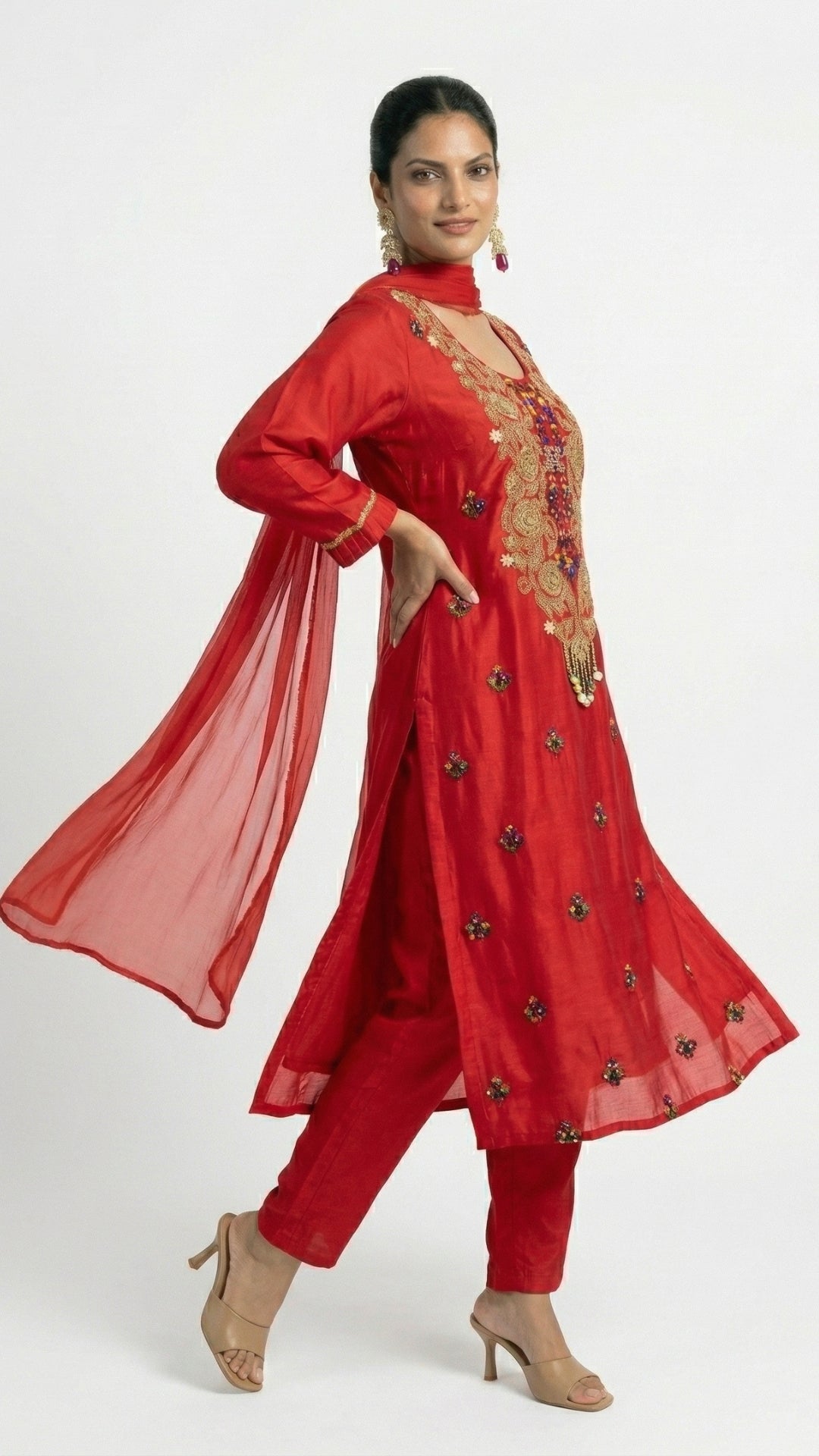 Red Dola Silk Suit Set with Zari, Pearl & Thread Detailing