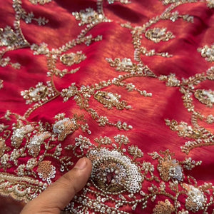 Red Tissue Saree With Moti, Cutdana & Sequins Work