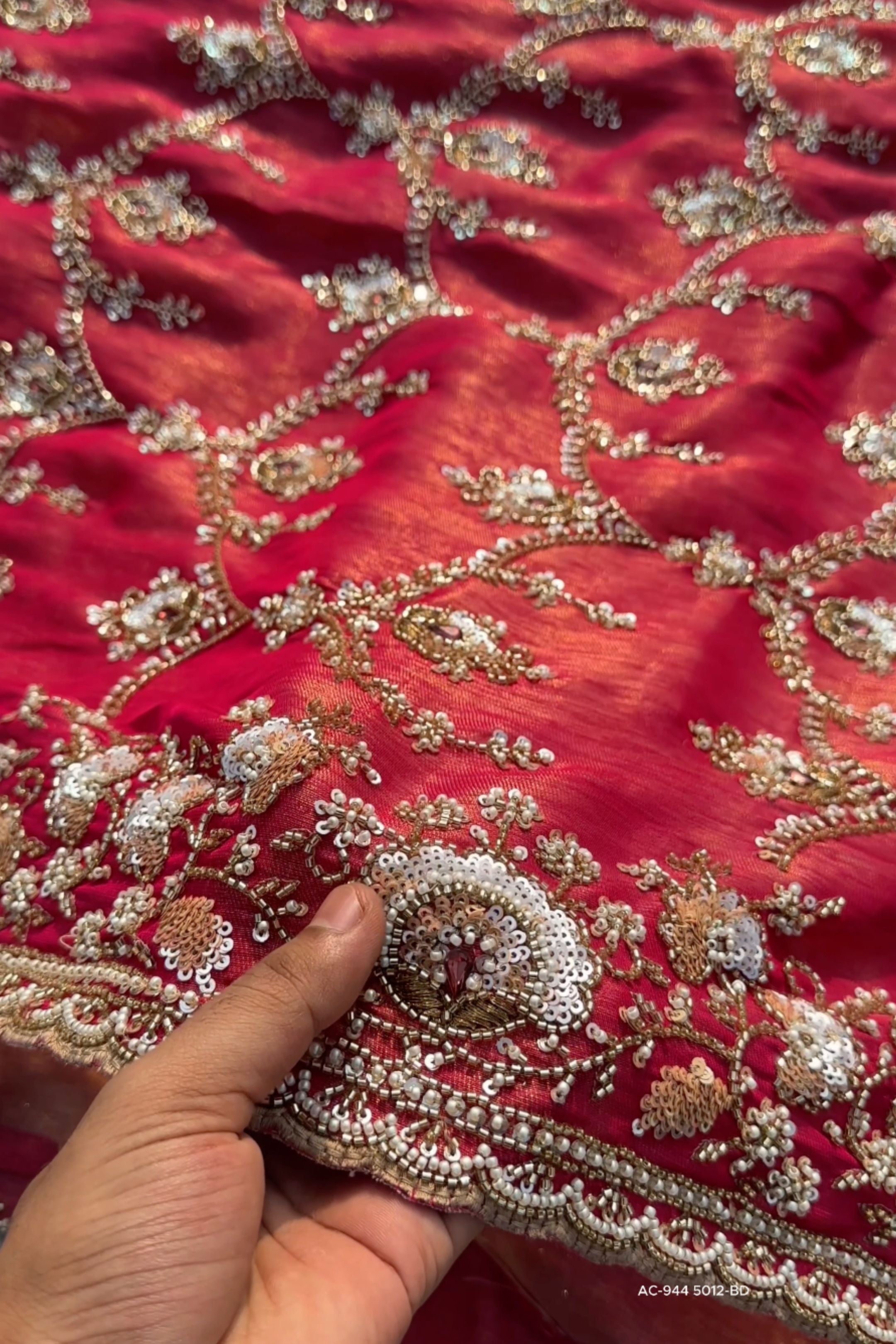 Red Tissue Saree With Moti, Cutdana & Sequins Work