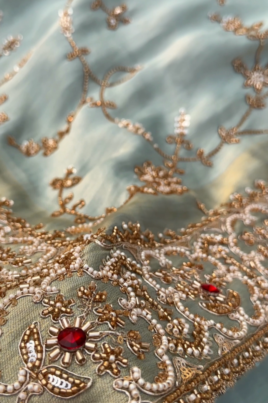 Sky Blue Tissue Unstitched Saree Embellished With Sequins, Cutdana, Moti & Stone Work