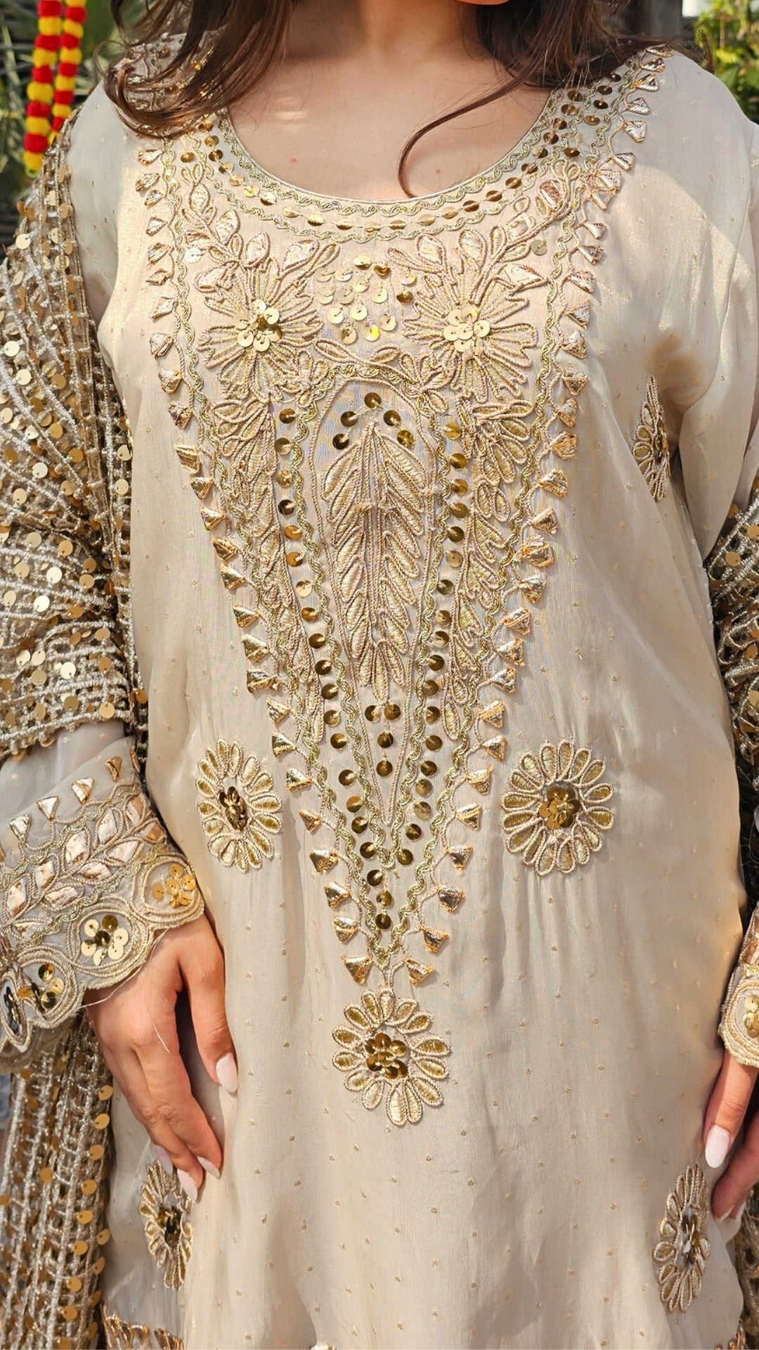 Beige Tissue Indo-Western with Dori, Zari, Gota Patti & Sipi Work