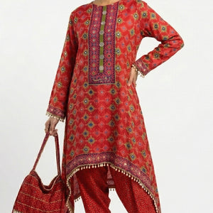 Cherry Red Crepe Coord Set with Digital Print, Zari & Mirror Detailing
