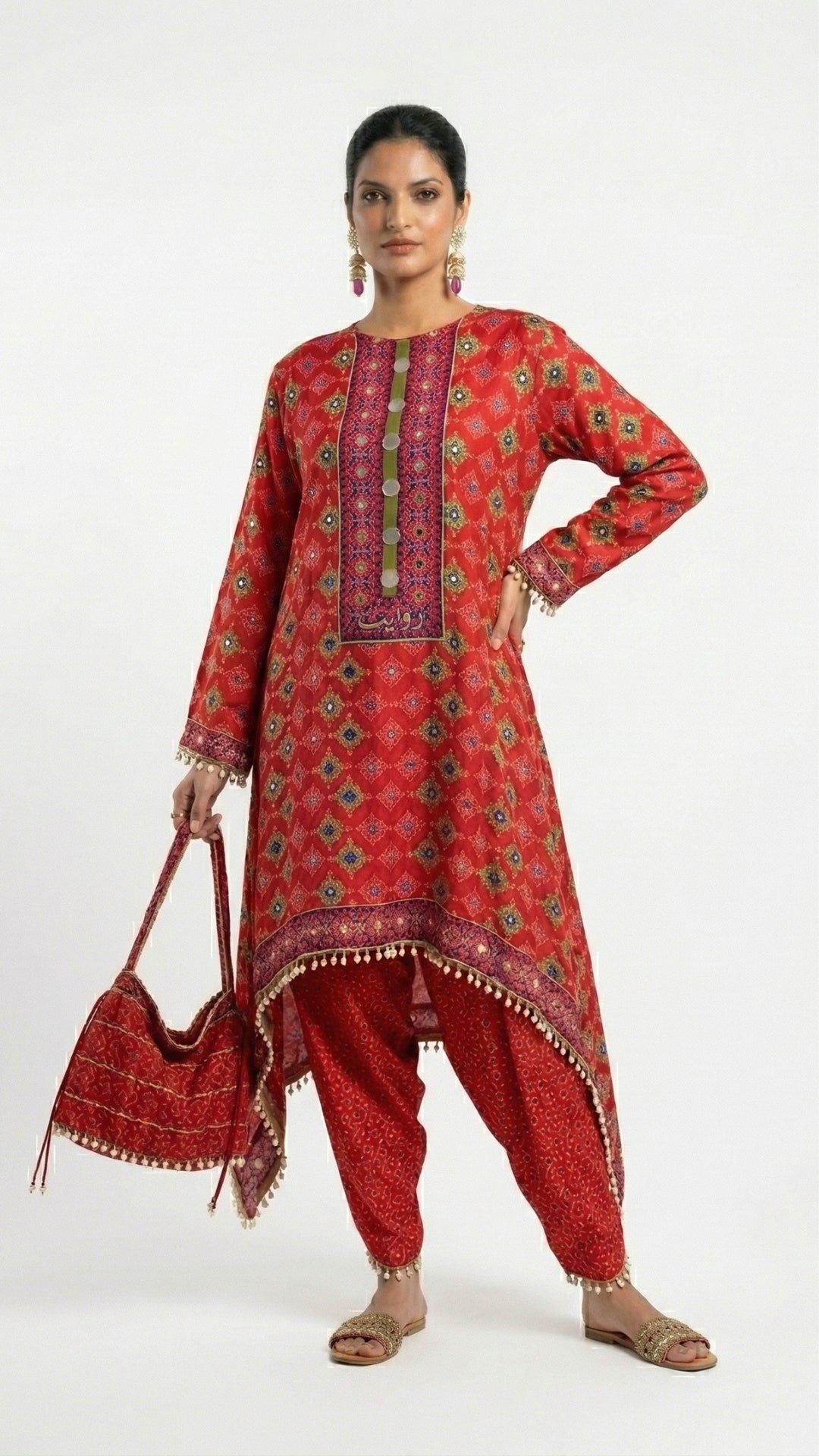 Cherry Red Crepe Coord Set with Digital Print, Zari & Mirror Detailing