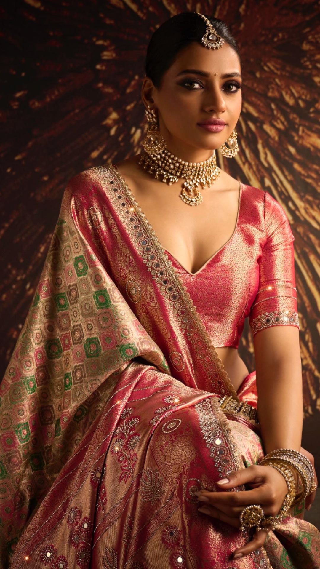 Pink and Beige Kanjivaram Silk Saree with Zarkan and Mirror Work