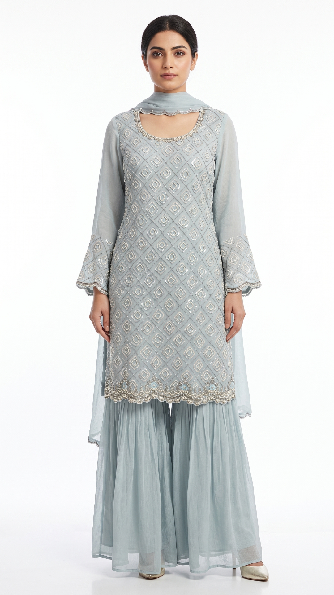 Ice Blue Chinon fabric moti cutdana & thread work sequins