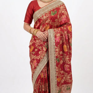 Red Georgette Unstitched Saree with Zari, Cutdana & Sequins Work and Heavy Lace Border