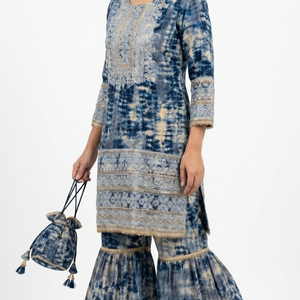 Blue  Muslin Zari and Thread Sequins