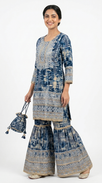 Blue  Muslin Zari and Thread Sequins