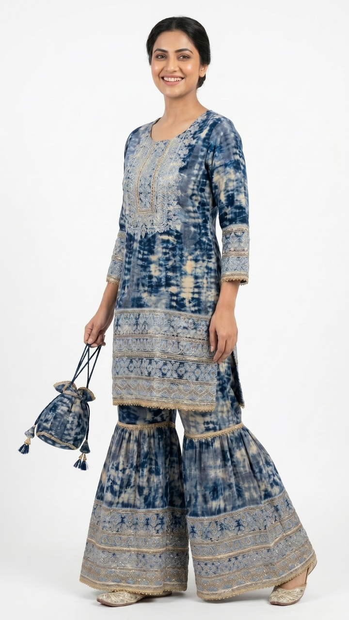 Blue  Muslin Zari and Thread Sequins