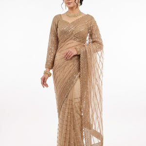 Golden Net Saree Crafted With Fine Cutdana & Sequins Highlights